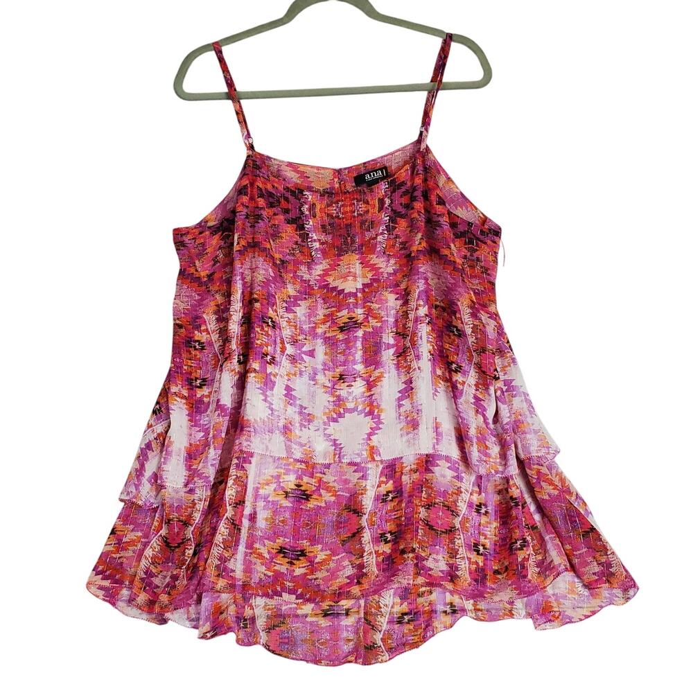 a.n.a Pink Fairy Ruffle Tank Top Inca Purple Pinks Geo Printed Whimsical 1X NWT